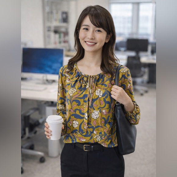 LOFT Floral Print Blouse - Olive Green Pink Navy Long Sleeve Tie Neck Boho
Top M - Picture 2 of 10